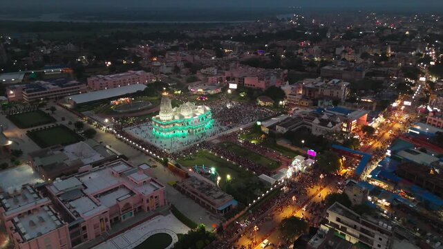 PREM MANDIR- AERIAL DRONE VIEW OF BEAUTIFULLY ILLUMINATED TEMPLE IN VRINDAVAN