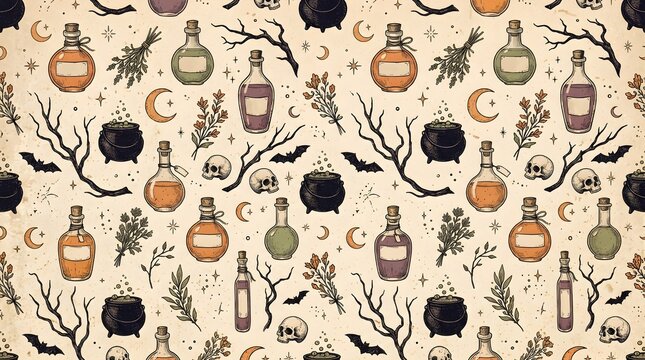 Seamless pattern halloween with magic potions, cauldrons, skulls, and mystical herbs in vintage style