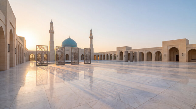 Stunning courtyard of a grand mosque at sunset with reflective marble tiles