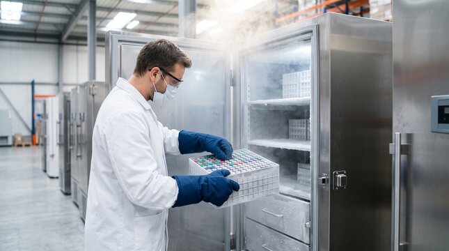 Male laboratory technician wearing protective gloves and face mask pulling box of frozen vaccine vials out of cold storage freezer representing biopharmaceutical logistics