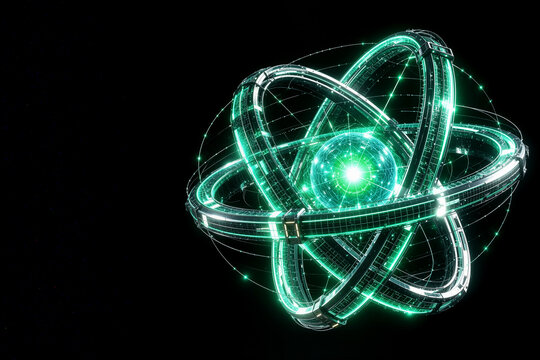 Futuristic sci-fi tech ring structure with glowing green energy core and orbital rings in deep space