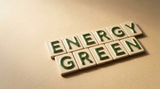 Cream letter tiles spelling the word 'ENERGY GREEN' with a subtle textured background in soft light.