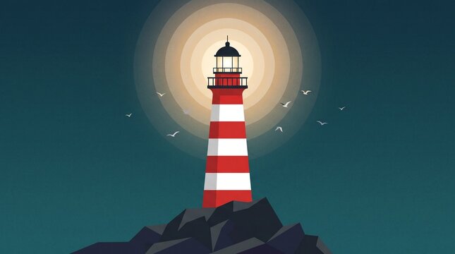Red and white striped lighthouse glowing at night with seagulls