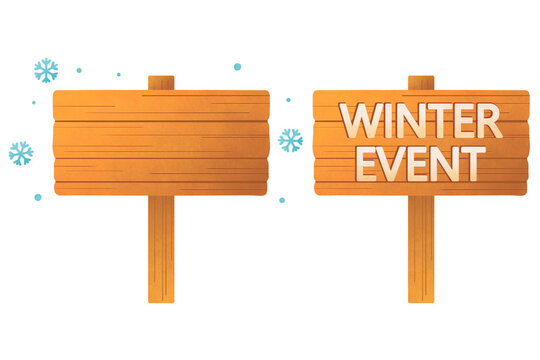 Wooden sign board and winter event sign with snowflake pattern