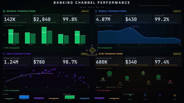 Visualize the Banking Channel Performance Dashboard comparing Branch, Mobile, Web, and ATM transactions with a dark aesthetic and vibrant color-coded quadrants.