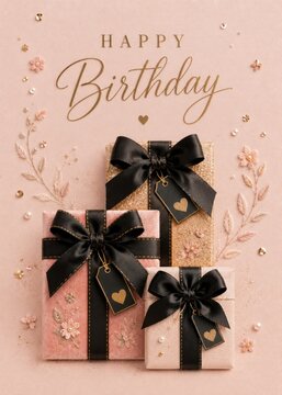 Elegant Pink Birthday Greeting Card Featuring Luxury Gifts And Bows