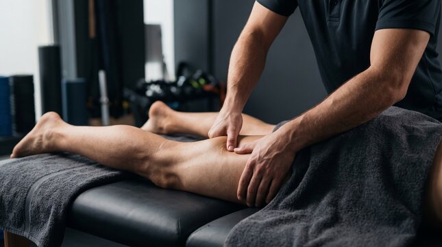 Male massage therapist performing deep tissue massage on male runner hamstring muscles on treatment table depicting sports injury rehabilitation