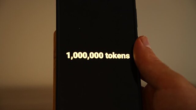 A thumb grips a smartphone as a counter climbs past 737,856 tokens on its way to one million, filmed tight in warm low light. It captures heavy AI token consumption, prompt costs, chatbot limits and 