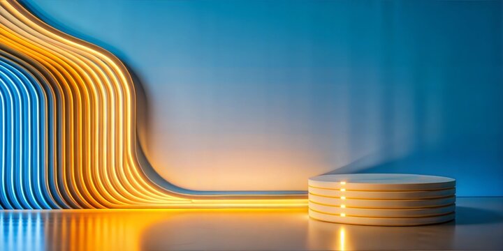 Modern product display studio interior featuring a colored illuminated curved wall and a round tiered pedestal with golden accents on a reflective floor.