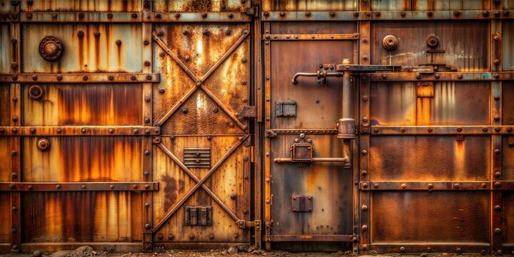 Corroded industrial metal wall with a heavily bolted cross-patterned door and intricate pipework, conveying a secure enclosure