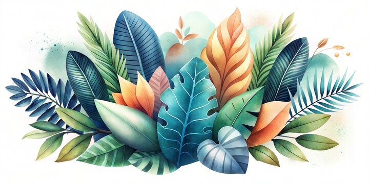 Colorful Tropical Plant Arrangement with a Dreamy Watercolor Backdrop and Detailed Veining