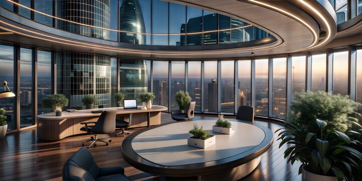 Modern Circular Office with Panoramic City View at Sunset and Elegant Wood Furnishings