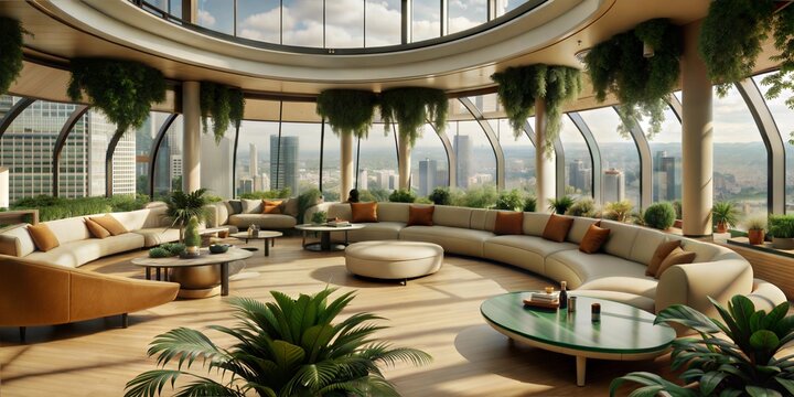 Expansive Modern Lounge with Biophilic Design and Panoramic Windows Overlooking a Cityscape