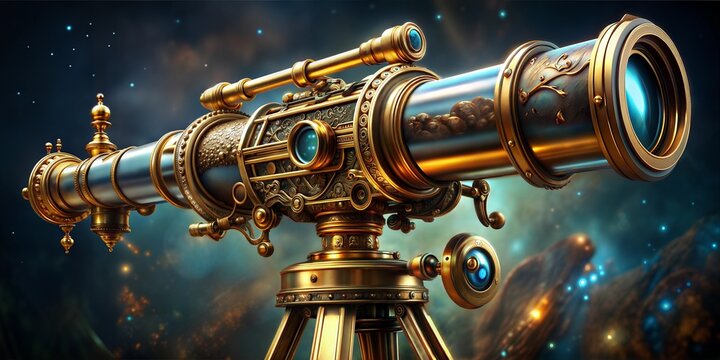 An ornate steampunk telescope on a tripod with a brass and silver body and a glass section filled with small stones
