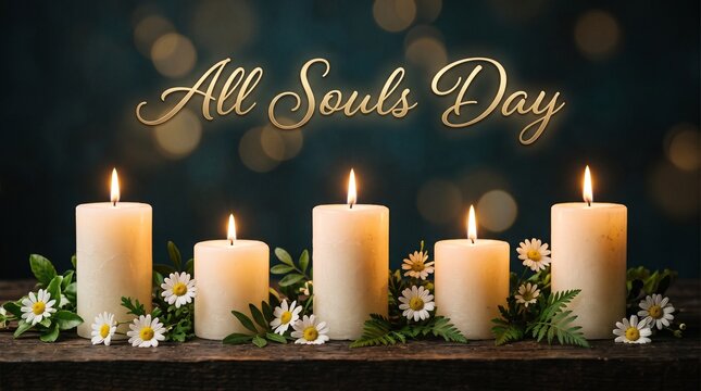 Five lit candles with flowers for all souls day celebration