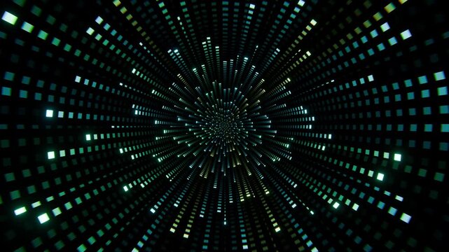 Radial dot loop aurora trails tunnel squares rotation club neon ideal for presentation backgrounds web headers social media posts music covers flyers live streams and digital design projects