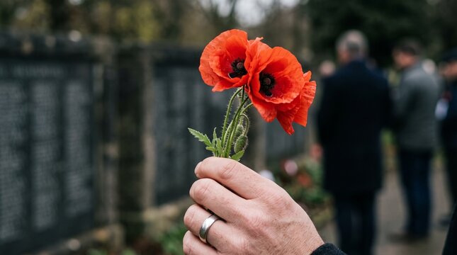 Hand holding two red poppy flowers close up