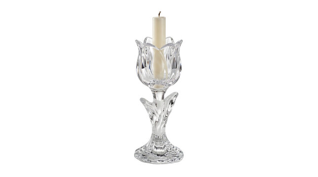 Elegant crystal candlestick holder with cream taper candle, vintage clear glass candleholder studio shot, isolated elegant home decor