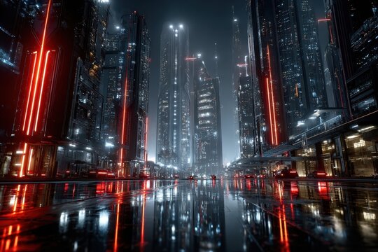 Futuristic Cyberpunk City at Night with Wet Streets