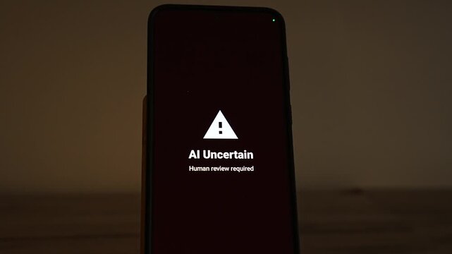 Warning triangle with AI Uncertain and Human review required on a smartphone standing in a dim, warm room. It highlights AI hallucination risk, human in the loop oversight, responsible AI and fact ch