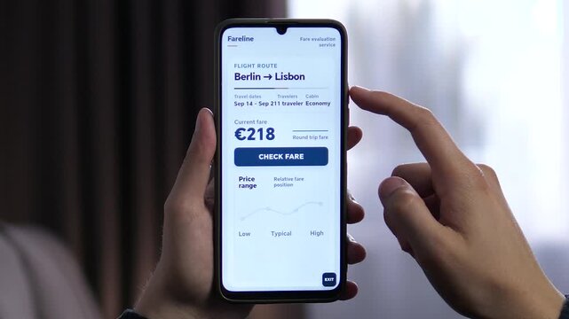 Traveler checks airfare for a Berlin to Lisbon trip on a smartphone, comparing current ticket prices and fare ranges as digital tools reshape travel planning and flight booking.