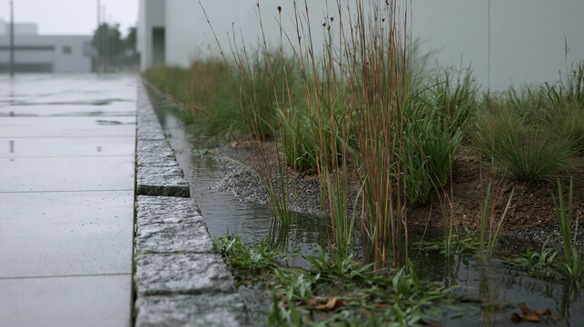 Rainwater in a planted bed beside a wet urban walkway