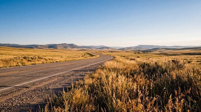 Scenic asphalt road winding through vast dry grasslands under clear blue sky
