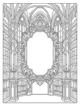 Ornate Gothic Library Interior with Decorative Empty Frame