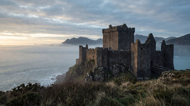 Ancient stone castle perched on a rocky cliff overlooking the ocean