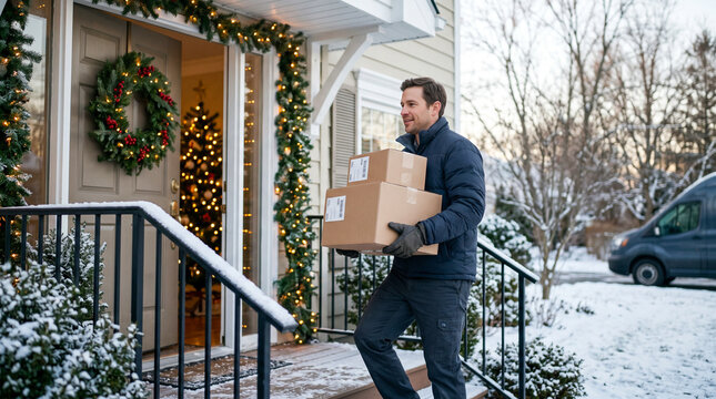 Repartidor entregando paquetes en una vivienda decorada por Navidad, una imagen comercial para log&iacute;stica, comercio electr&oacute;nico y compras festivas.
