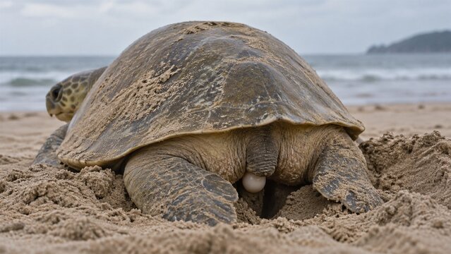 Sea Turtle Laying an Egg in a Sandy Beach Nest