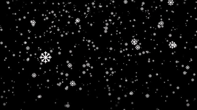 Beautiful realistic snow flakes falling animation on a black screen background, christmas snow winter holiday alpha channel, 4k