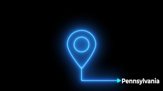 The name of the place with the location has been displayed on solid background.Pennsylvania map location pin animation.GPS location tracking animation.