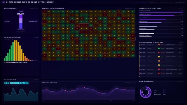 Explore the AI Merchant Risk Scoring Dashboard showcasing businesses with abnormal transaction behavior through a futuristic interface and vibrant neural network design.