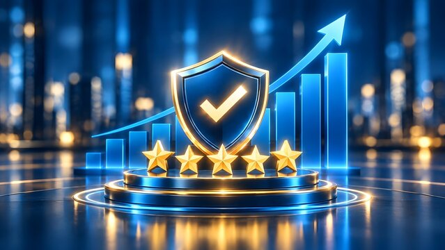 Glowing security shield with checkmark and five golden stars on podium with rising financial chart for trust and quality assurance concept