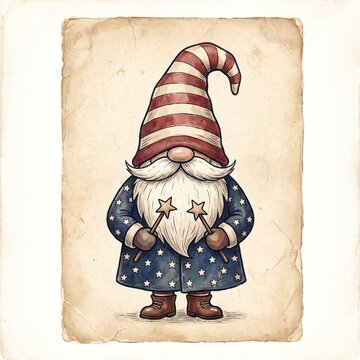 Cute magic gnome wearing a star pattern coat and striped hat holding two star wands