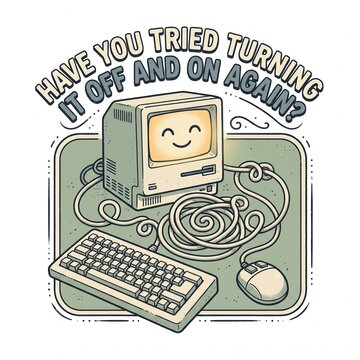 Funny old computer illustration with text have you tried turning it off and on again with a happy screen and tangled cables