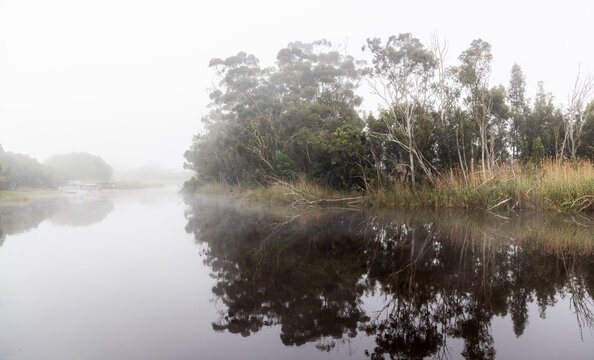 misty foggy sunrise and reflections over Klein River , Stanford, South Africa