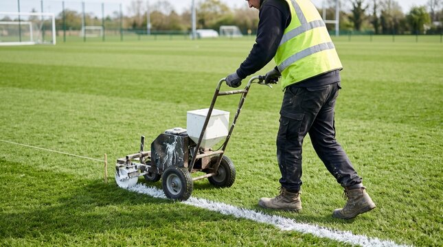 Groundsman marking white boundary lines on a green sports field with a lining machine, symbolizing turf preparation and stadium maintenance.