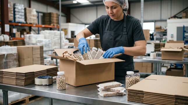 Factory worker in apron and gloves carefully packing supplement bottles into cardboard boxes, conveying pharmaceutical packaging and quality control.