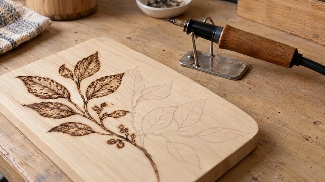 Woodburning a leaf pattern on a wooden plaque