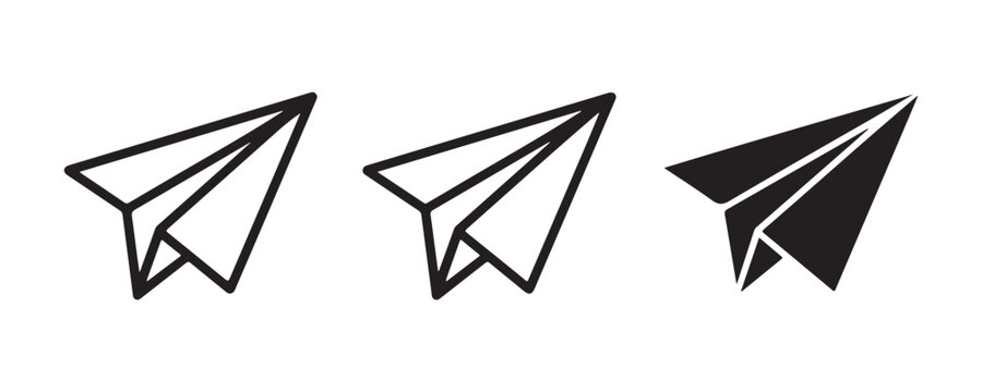 Set of three black paper plane icons in outline and solid styles for message and travel projects.
