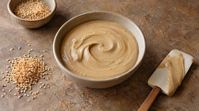 Tahini paste and sesame seeds on a kitchen work surface