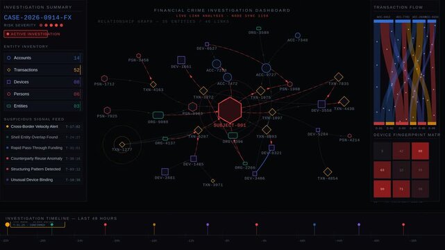 Explore a premium dark-mode financial crime investigation dashboard featuring dynamic visualizations of accounts, transactions, devices, and entities in a forensic intelligence style.