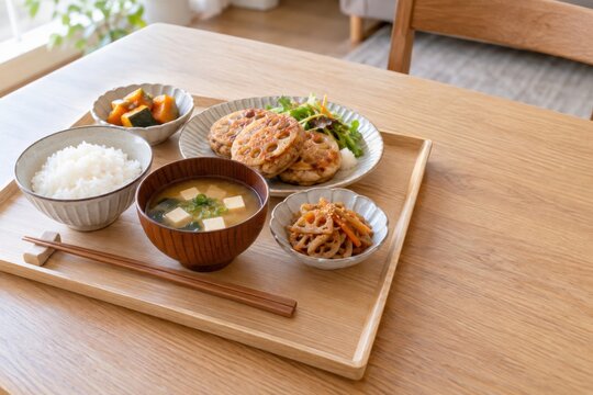 れんこんのはさみ焼きときんぴら、ご飯、味噌汁の秋の定食