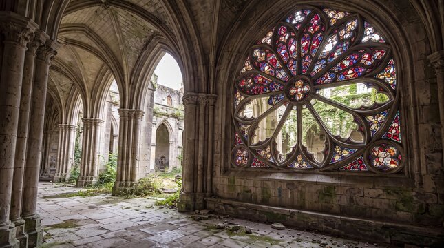 Abandoned Gothic cathedral interior with stained glass window and arches