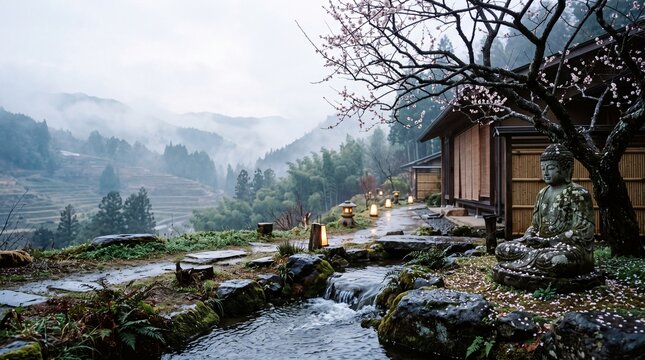Serene Japanese temple garden with Buddha statue and misty mountain valley
