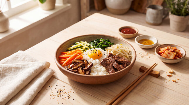 Delicious Korean bibimbap bowl with rice, vegetables, meat and egg yolk