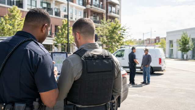 Immigration officers observe people beside van in urban neighborhood, representing US immigration arrests, law enforcement, public safety, detention concerns, and editorial news coverage with copyable