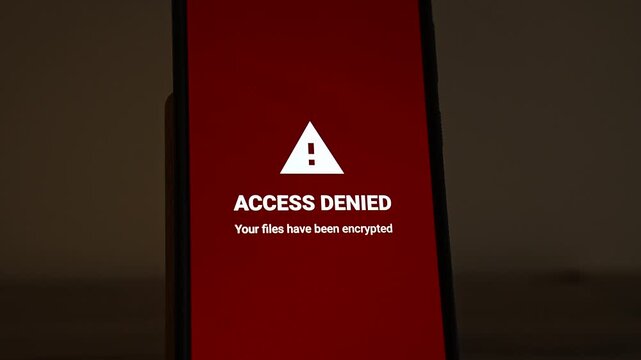 A red lock screen shows a warning triangle, ACCESS DENIED and Your files have been encrypted on a smartphone in a dark room. It shows the aftermath of a ransomware attack, a locked device, blocked ac